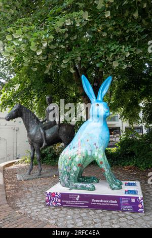 Hares of Hampshire Art Trail Winchester Angleterre 2022, A Wild Walk on the Downs Hare par Rachel Alexander au Law courts Banque D'Images