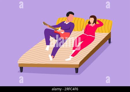 Personnage plat dessin couple romantique passer du temps libre à la maison, l'homme joue de la guitare pour la femme tout en étant couché sur le lit. Heureux mari chantant des chansons pour son wif Banque D'Images