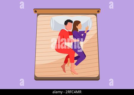 Design plat graphique dessinant jeune couple romantique serrant et allongé sur le lit. Les amoureux doucement, s'embrassent soigneusement, rêvent doux, chuchotent des mots Banque D'Images