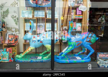 Hares of Hampshire Art Trail Winchester Angleterre 2022, Hiltingburys Royal Hare et Hopping le long de l'Itchen Hare à Waterstones dans les Brooks Banque D'Images