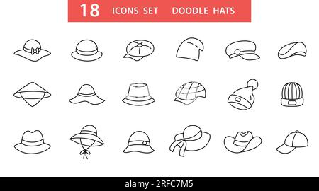 Types de chapeau les icônes doodle définissent différents chapeaux isolés Illustration de Vecteur