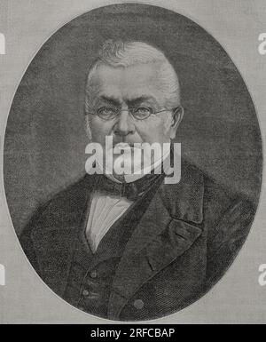 Louis-Adolphe Thiers (1797-1877) Homme d'État et historien français. Président de la IIIe République de 1871 à 1873. Thiers négocia la paix avec la Prusse et défait la commune de Paris, mouvement insurrectionnel en 1871. Portrait. Gravure. Historia de la Guerra Franco-Alemana de 1870-1871. Publié à Barcelone, 1891. Banque D'Images