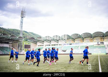 Zilina, Slovaquie. 02 août 2023. Les joueurs de Gent photographiés en action lors d'une séance d'entraînement de l'équipe belge de football KAA Gent le mercredi 02 août 2023 à Zilina, Slovaquie. L'équipe se prépare pour le match de demain contre le club slovaque Zilina, le deuxième tour de qualification des quarts de finale de la compétition UEFA Europa Conference League. BELGA PHOTO JASPER JACOBS crédit : Belga News Agency/Alamy Live News Banque D'Images