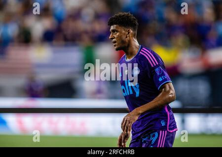 Charlotte, Caroline du Nord, États-Unis. 29 juillet 2023. Charlotte FC Adilson Malanda (29) lors de la seconde moitié de la coupe des ligues face aux Necaxa au Bank of America Stadium de Charlotte, NC. (Scott KinserCal Sport Media). Crédit : csm/Alamy Live News Banque D'Images