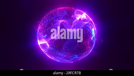 Abstrait rond bleu à violet sphère lumière brillante luisant des rayons d'énergie et des ondes magiques de particules et de points, fond abstrait. Banque D'Images