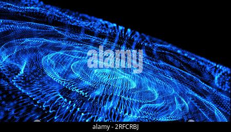 Arrière-plan abstrait avec bandes volantes bleues mobiles, lignes de particules de fumée bleues haute technologie numériques sur la surface. Banque D'Images