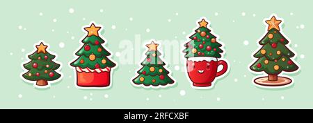 Ensemble de stickers de Noël arbre, pain d'épice, caractères de tasse de cacao. Illustration vectorielle dans le style de bande dessinée pour Noël Illustration de Vecteur