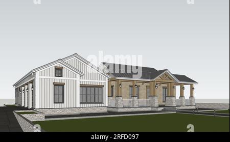 Farm House Exterior Scene modèle 3D, rendu 3D. Banque D'Images