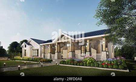 Farm House Exterior Scene modèle 3D, rendu 3D. Banque D'Images