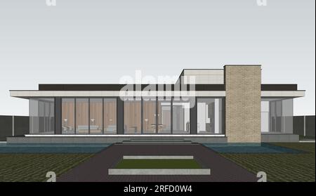 Scène extérieure de maison moderne avec meubles - dessin 2D modèle 3D de taille A1 Banque D'Images