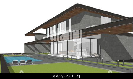 Modern horizontal House - meubles de chambre de cuisine 3D - dessin 2D. Banque D'Images