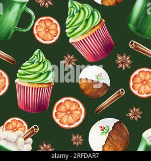 Motif de Noël aquarelle sans coutures avec une tasse de boisson chaude, un biscuit au pain d'épice, de la cannelle, de l'anis et un muffin sucré à la crème. Nouvelle année peinture à la main g Banque D'Images