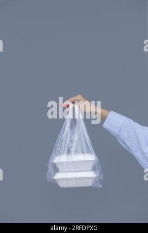 Mains de femme tenant un sac en plastique PVC avec des boîtes repas en mousse à emporter. Conteneurs alimentaires à usage unique, concept de don. Banque D'Images