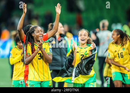 Melbourne, Victoria, Australie. 2 août 2023. MELBOURNE, AUSTRALIE - le 02 AOÛT : Vyan SAMPSON et Solai WASHINGTON, de la Jamaïque, célèbrent le dessin avec le Brésil et vont éliminer les étapes de la coupe du monde féminine de la FIFA, Australie et Nouvelle-Zélande 2023, au stade rectangulaire de Melbourne, le 02 août 2023 (crédit image : © Chris Putnam/ZUMA Press Wire) À USAGE ÉDITORIAL SEULEMENT! Non destiné à UN USAGE commercial ! Banque D'Images