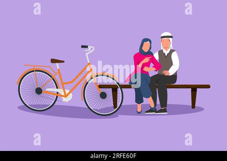 Dessin de style plat dessin romantique couple bavardant tout en étant assis sur le banc. Couple d'adolescents arabes faire du vélo et prendre un repos au parc de la ville. Jeune homme et Banque D'Images