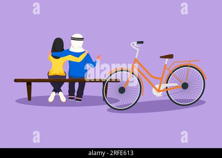 Dessin de style plat de dessin de dessin de dessin de dessin de couple arabe romantique parlant tout en étant assis sur le banc au parc. Homme femme chevauchant un vélo électrique. wal. Soirée Banque D'Images