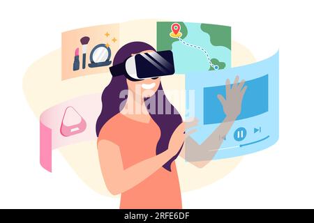 Femme portant des lunettes AR Smart Explorer les activités de loisirs et créer un plan de voyage. Flat Design passe à Virtual Simulation isolé sur fond blanc Banque D'Images