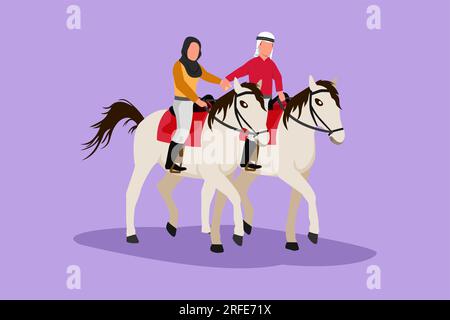 Dessin de style plat dessin romantique couple arabe montant des chevaux main dans la main au coucher du soleil. Homme heureux faisant proposition mariage à la femme. Engagement et l Banque D'Images