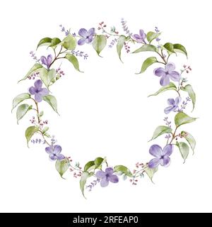 Conception de couronne aquarelle avec des fleurs et des feuilles violettes. art botanique avec bouquet floral isolé sur fond blanc. Convient pour carte de mariage des Banque D'Images