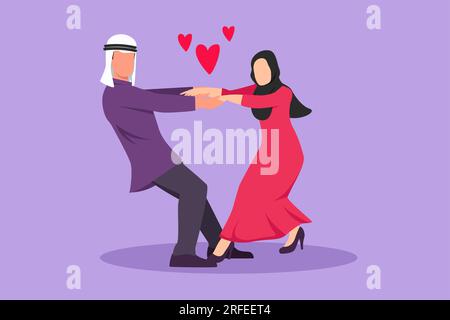 Design plat graphique dessinant heureux jeune homme et femme de beauté dansant sur le sol au parc. Couple arabe romantique se tenant la main et tournant autour d'un Banque D'Images