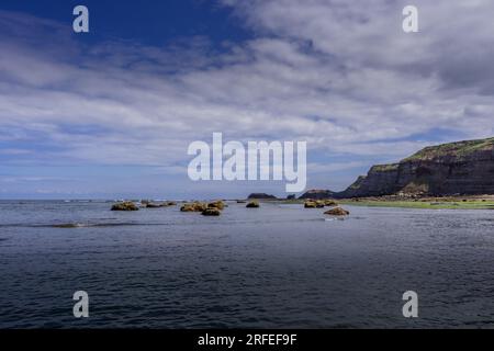 Vue sur Whitby East Beach vers Saltwick NAB au loin Banque D'Images