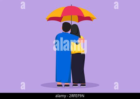 Personnage plat dessin amoureux de vue arrière couple sous la pluie. Mignon couple arabe dans l'amour marchant sous la pluie avec parapluie. Homme et femme heureux marchent alo Banque D'Images