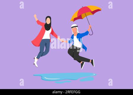 Graphique design plat dessin couple arabe dans l'amour marchant sous la pluie avec parapluie. Homme et femme marchant et sautant dans la rue. Couple marié romantique Banque D'Images