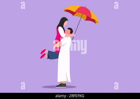 Dessin de style plat de dessin animé de couple arabe dans l'amour sous la pluie avec parapluie. Homme et femme heureux marchant au parc et sautant. Coupé romantique marié Banque D'Images