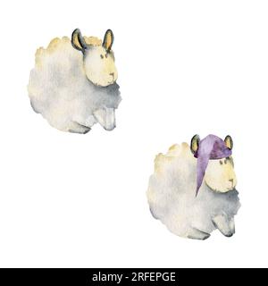 Illustration dessinée à la main à l'aquarelle, mignon mignon magique bébés moutons en peluche, chapeaux de couchage, personnage de jouet de bande dessinée. Objet unique isolé sur blanc Banque D'Images