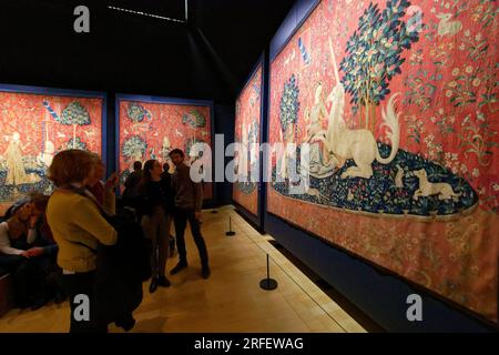 France, Paris, zone classée au patrimoine mondial de l'UNESCO, Musée National de Cluny du Moyen âge, la Dame et la licorne (la Dame à la licorne) est le titre moderne donné à une série de 15 tapisseries tissées en Flandre à la fin du XIXe siècle Banque D'Images