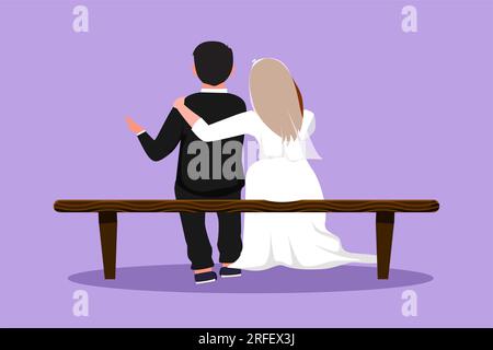 Dessin de style plat de dessin de dessin de dessin de dos d'embrassant couple marié assis sur le banc au parc. Couple mignon dans la relation dans l'amour. Homme heureux serrant le sien Banque D'Images