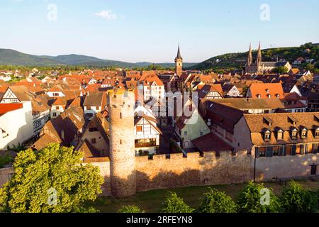 France, Bas Rhin, Obernai, vue générale avec les remparts de la vieille ville, église Saint Pierre et Paul et tour de chapelle Banque D'Images