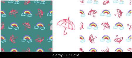 Parapluies modèle sans couture. Placez les dessins avec des crayons de cire. Rainbow. Imprimer pour la conception de tissu, textile, tissu Illustration de Vecteur