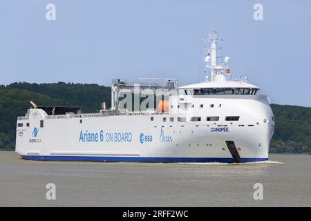 France, Eure, Vieux-Port, Armada 2023, Canopee, Cargo, à voiles mécaniques, spécialisé dans le transport de pièces de la fusée Ariane 6, développée par l’Agence spatiale européenne, depuis les ports européens jusqu’au Centre spatial guyanais à Kourou Banque D'Images