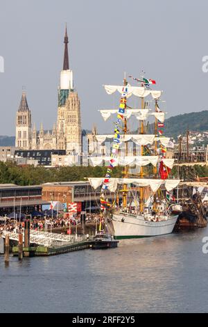 France, Seine-Maritime, Rouen, Armada 2023, Cuauhtemoc et grands voiliers accostés à quai et foule de touristes visitant l'événement, cathédrale notre-Dame en arrière-plan, vue surélevée depuis le pont Gustave Flaubert Banque D'Images