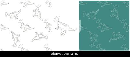 Set de coloriage dinosaures. Motif sans couture de dinosaures mignons dessinés à la main. Imprimer pour la conception de tissu, textile, tissu, papier peint Illustration de Vecteur