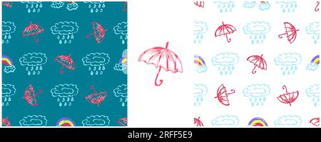 Parapluies modèle sans couture. Placez les dessins avec des crayons de cire. Nuages, pluie. Impression pour la conception de tissu Illustration de Vecteur