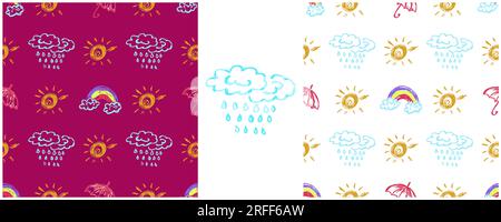 Parapluies modèle sans couture. Placez les dessins avec des crayons de cire. Nuages, pluie. Imprimer pour la conception de tissu, textile, tissu, papier peint, emballage Illustration de Vecteur