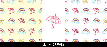 Parapluies modèle sans couture. Placez les dessins avec des crayons de cire. Rainbow. Imprimer pour la conception de tissu, textile, tissu, papier peint, papier d'emballage Illustration de Vecteur