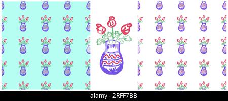 Motif floral sans couture. Fleurs dans un vase. Placez les dessins avec des crayons de cire. Imprimer pour tissu Illustration de Vecteur