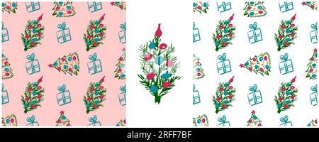 Motif sans couture de Noël. Placez les dessins avec des crayons de cire. Sapin de Noël, cadeaux. Imprimer Illustration de Vecteur