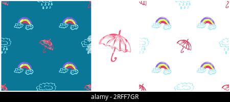 Parapluies modèle sans couture. Placez les dessins avec des crayons de cire. Nuages, pluie. Impression pour la conception de tissu, textile Illustration de Vecteur