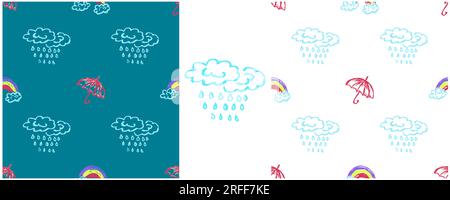 Parapluies modèle sans couture. Placez les dessins avec des crayons de cire. Nuages, pluie. Imprimer pour la conception de tissu, textile, tissu, papier peint, papier d'emballage Illustration de Vecteur