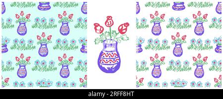 Motif floral sans couture. Fleurs dans un vase. Placez les dessins avec des crayons de cire Illustration de Vecteur