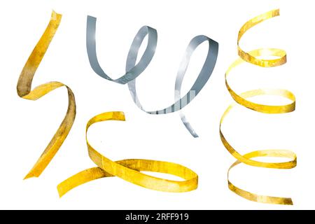 Illustrations à l'aquarelle dessinées à la main photos festives en serpentin or et argent pour anniversaire, Noël et nouvel an. Banque D'Images