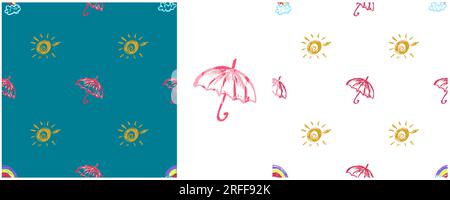 Parapluies modèle sans couture. Placez les dessins avec des crayons de cire. Rainbows, soleil. Imprimer pour la conception de tissu, textile, tissu, papier peint, papier d'emballage Illustration de Vecteur