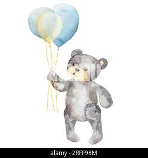 Illustration d'aquarelle, sur un fond blanc.Cute ours en peluche de dessin animé avec un ballon. Banque D'Images