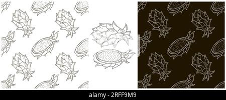 Modèle sans couture avec des fruits. Ensemble monochrome dans le style de dessin à la main. Fruit du dragon, pitaya Illustration de Vecteur