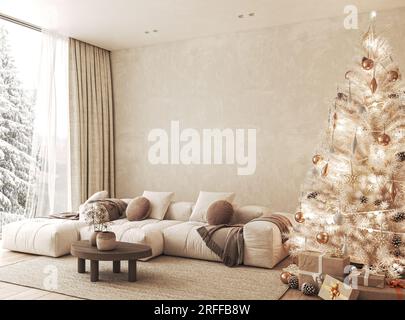 Salon contemporain scandi Boho blanc beige avec canapé et décor - fond de moquette. Grand arbre de Noël japonais moderne et vue sur la nature. 3d Banque D'Images