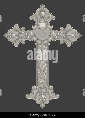 Croix chrétienne en bois avec coeur et ornemental floral. Pâques, symbole du christianisme,. dessin à la main illustration de style gravure vintage Illustration de Vecteur